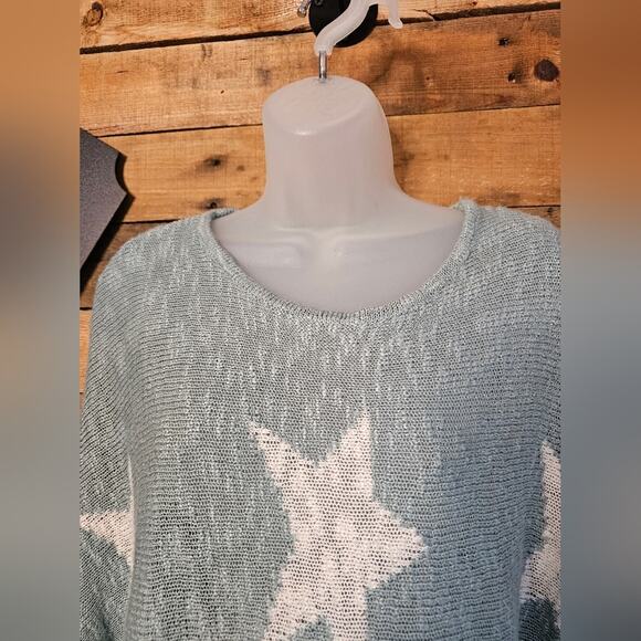 Wishlist women's spa aqua green star pattern lightweight knitted Sweater Sz S/M - Picture 4 of 15